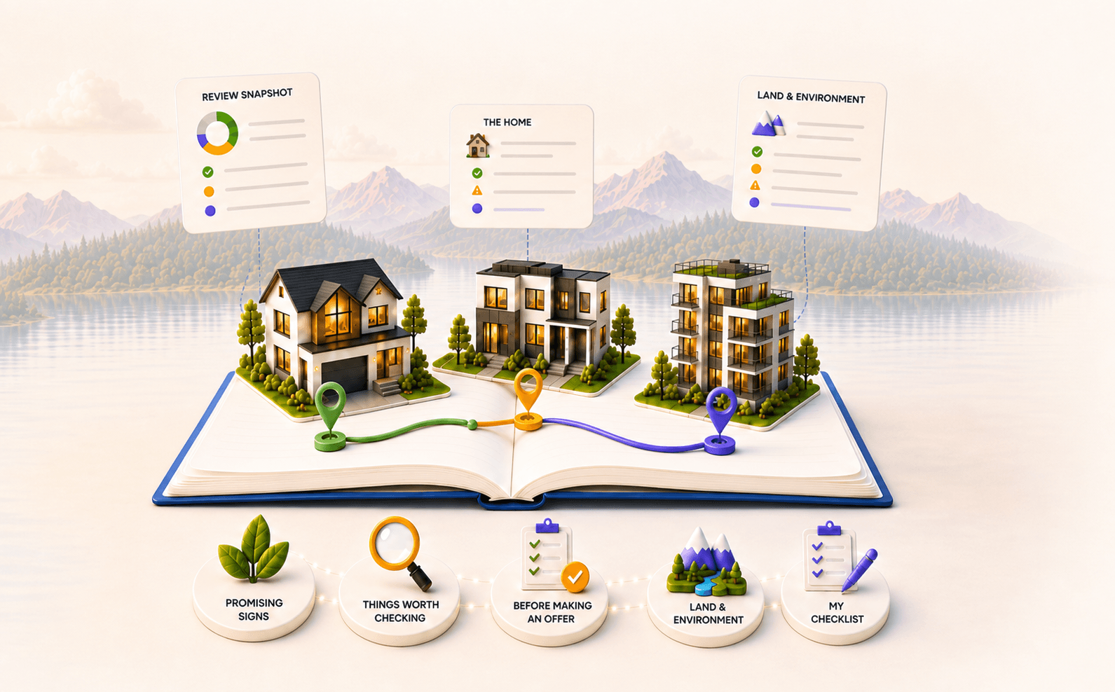 An open Home Passport book with homes, review cards, journey pins, and buyer checklist markers.