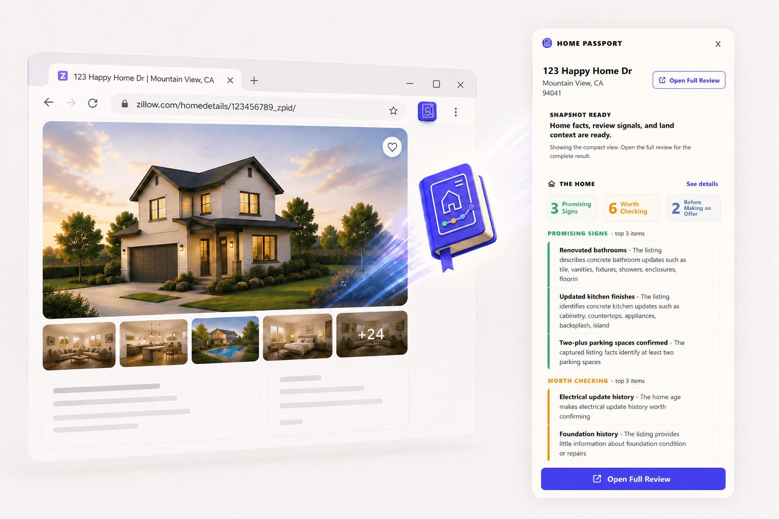 Home Passport extension showing a snapshot beside a supported home listing.